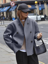 Aurohaya Women’s Wool Blend Peacoat Double Breasted Round Neck Short Coat Elegant Casual Autumn Winter Jacket
